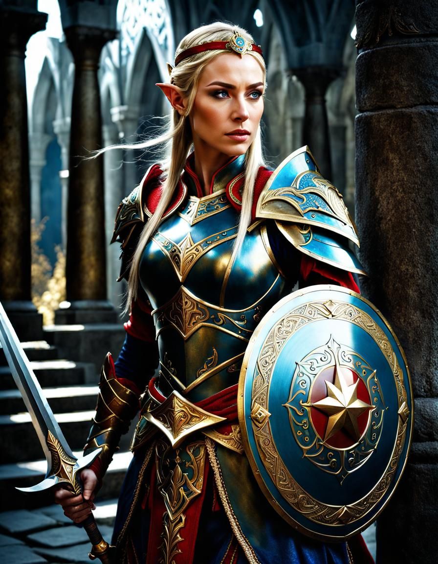 Elven guard holding shield and sword
