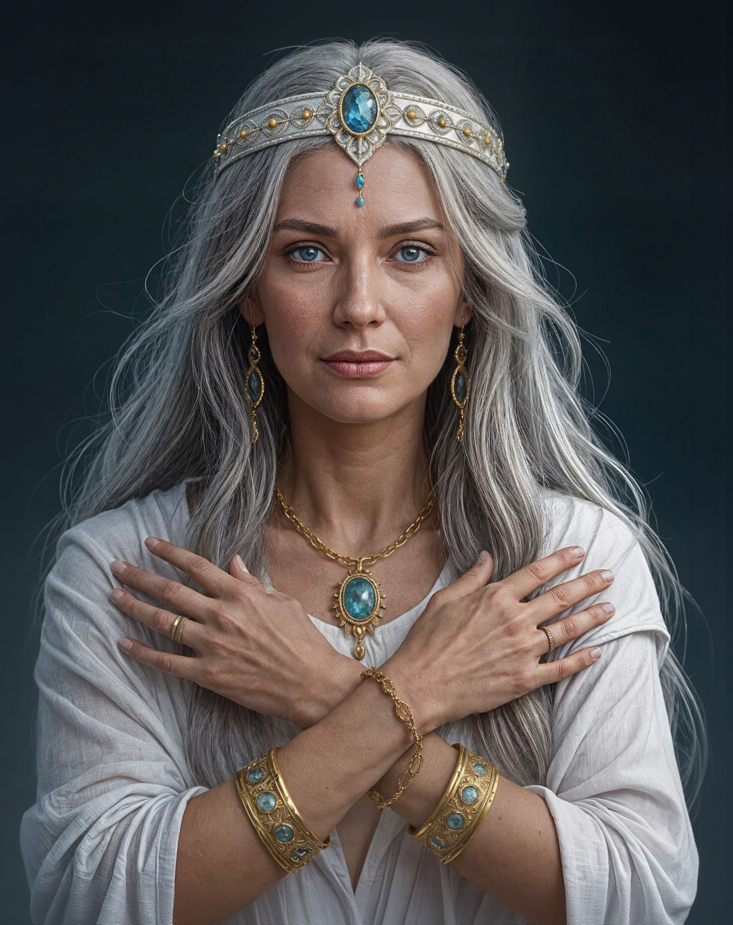 Wise Woman in Diadem with Blue Stone, Dark Fantasy Art