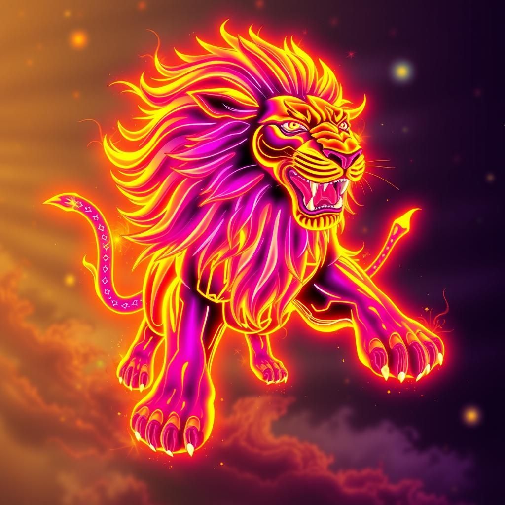 Neon Lion Running in Explosive Cosmic Scene