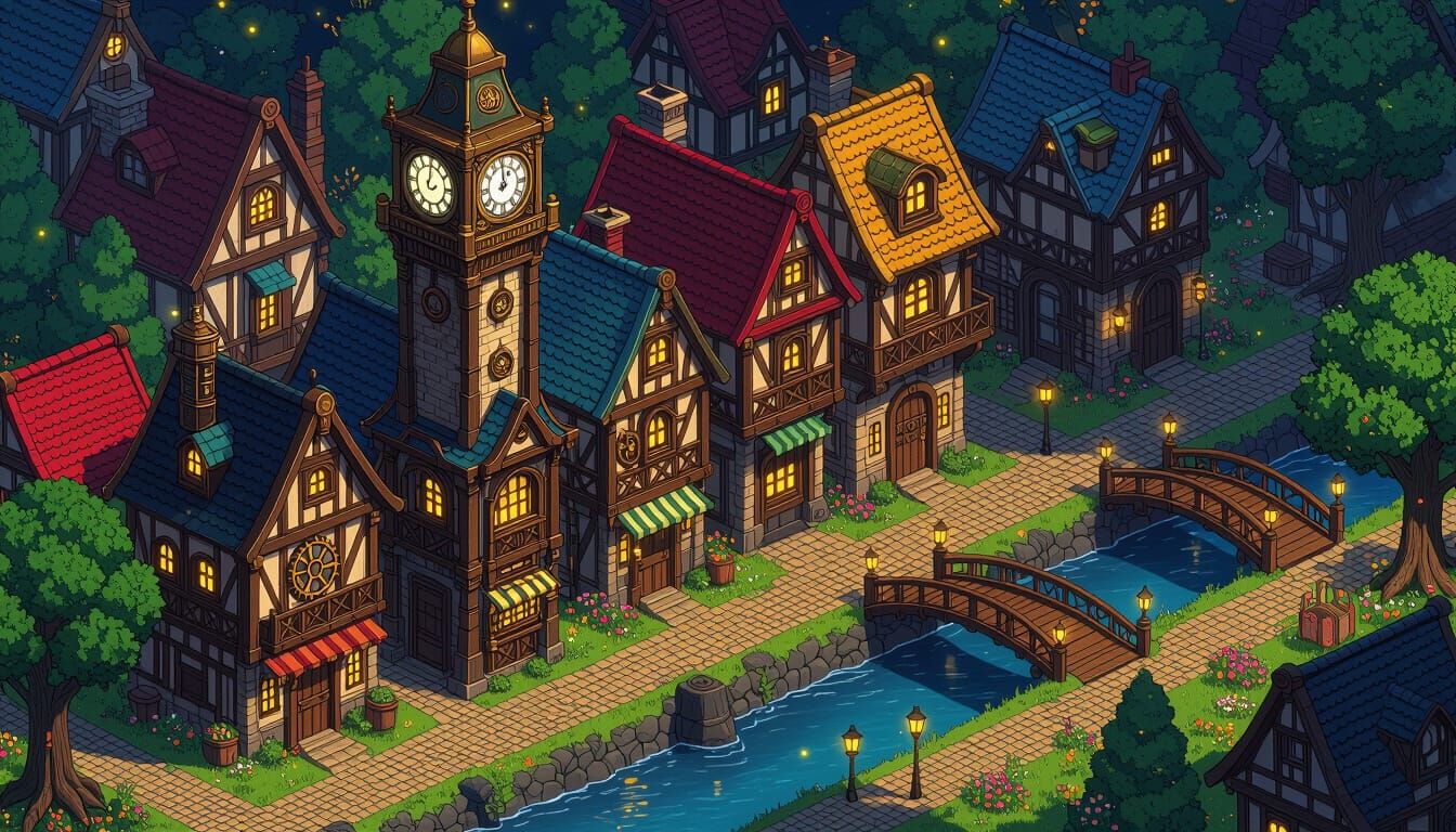 Isometric Steampunk RPG Town in Anime Style