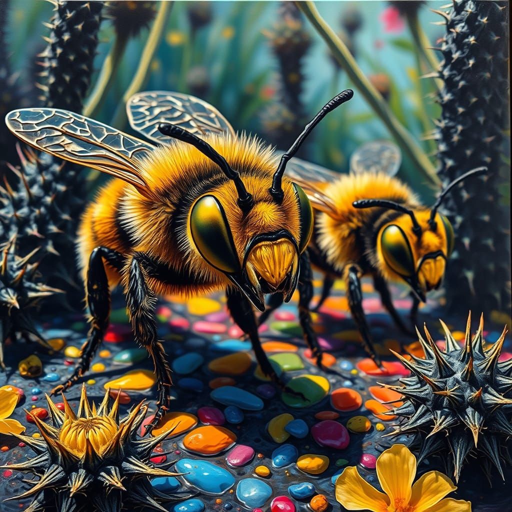 Vivid Bees in a Painterly Garden Scene