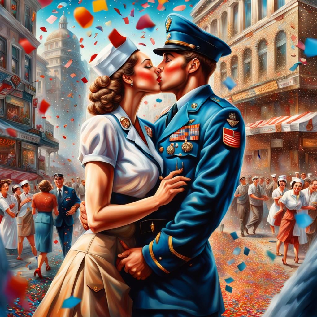 Soldier's Kiss: A Joyful Celebration in Airbrush Style