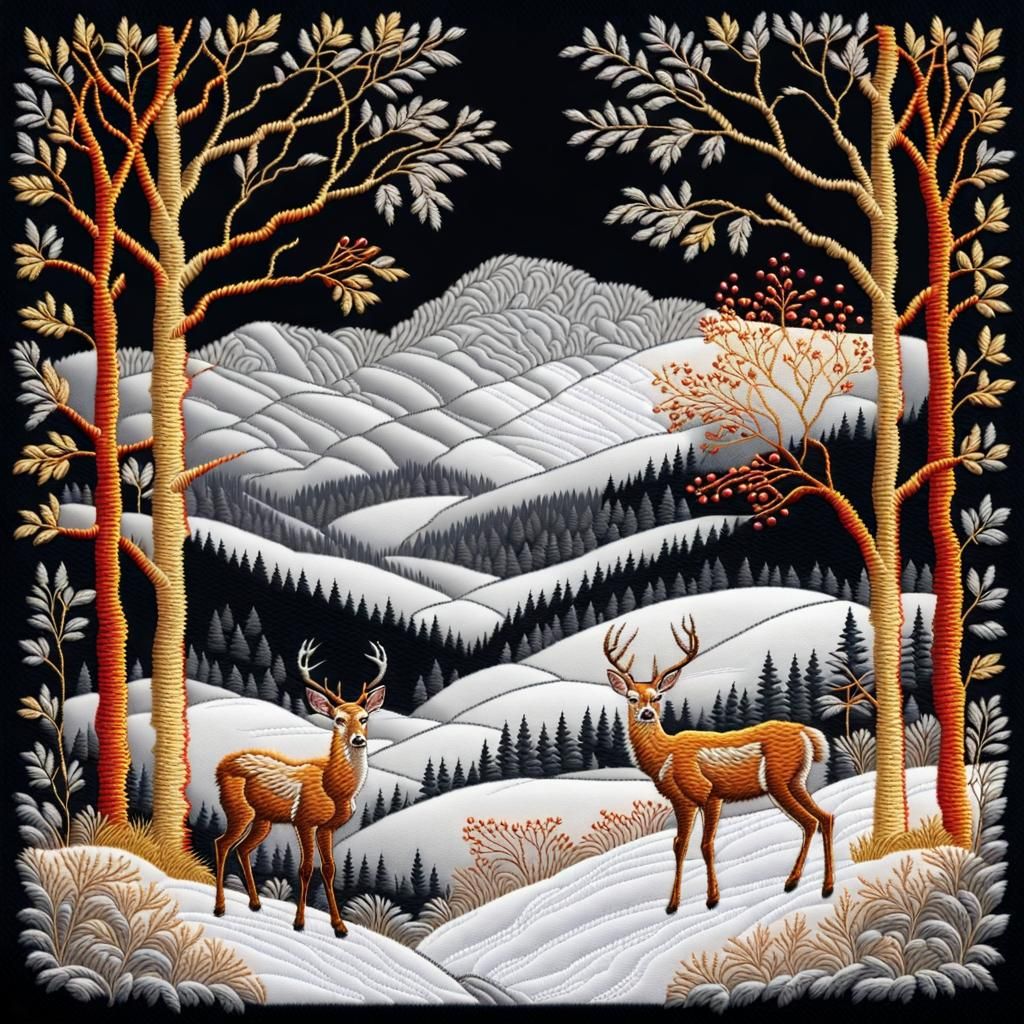 Embroidered Winter Landscape with Deer and Rowan Trees