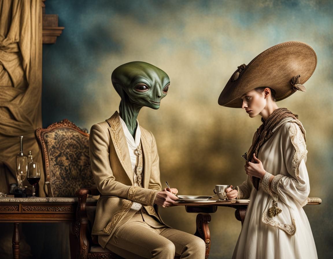 Surreal Alien Celebration in Gritty Restaurant