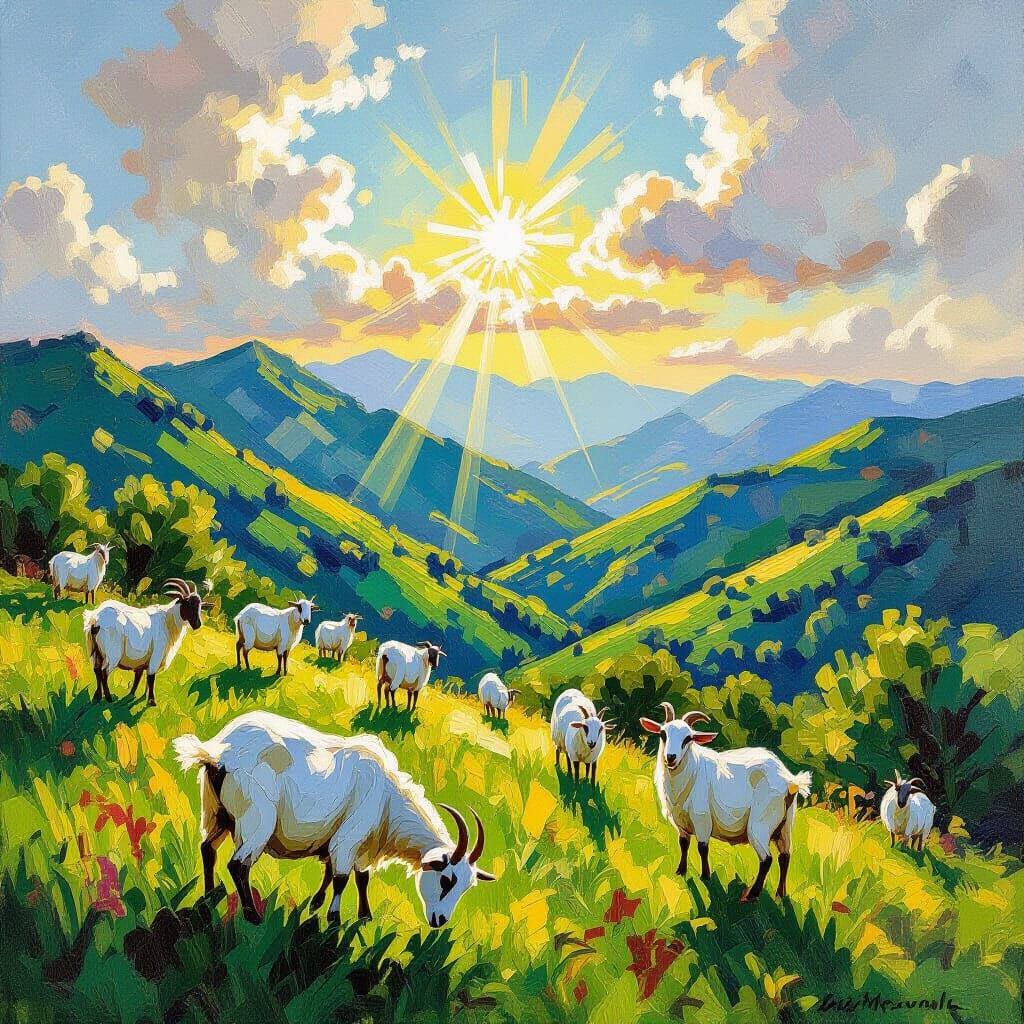 Goats Grazing on Mountainside in Impasto Style