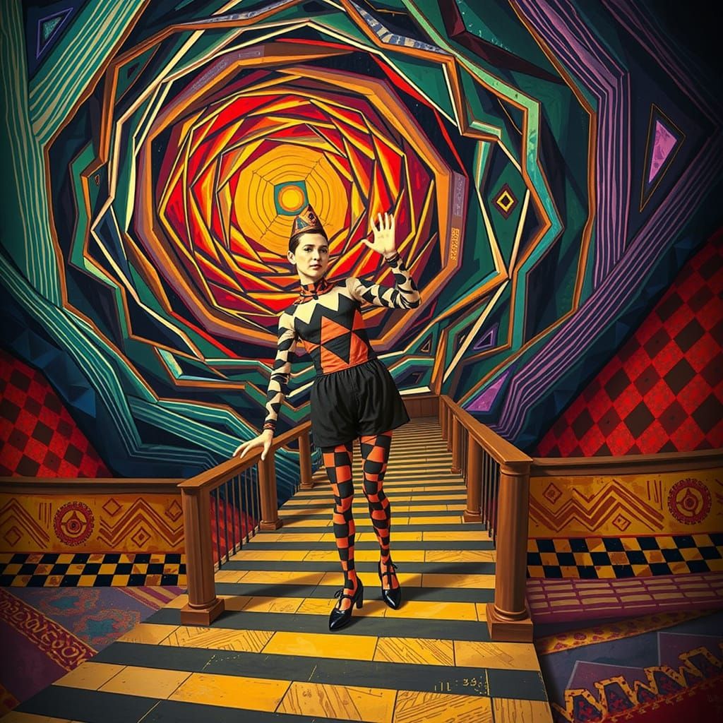 Harlequin Figure in Hypnotic Geometric Maze