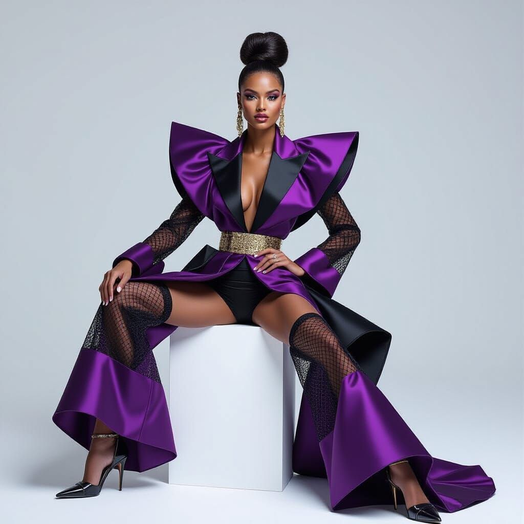 High-Fashion Model in Sculptural Outfit, Studio Shot