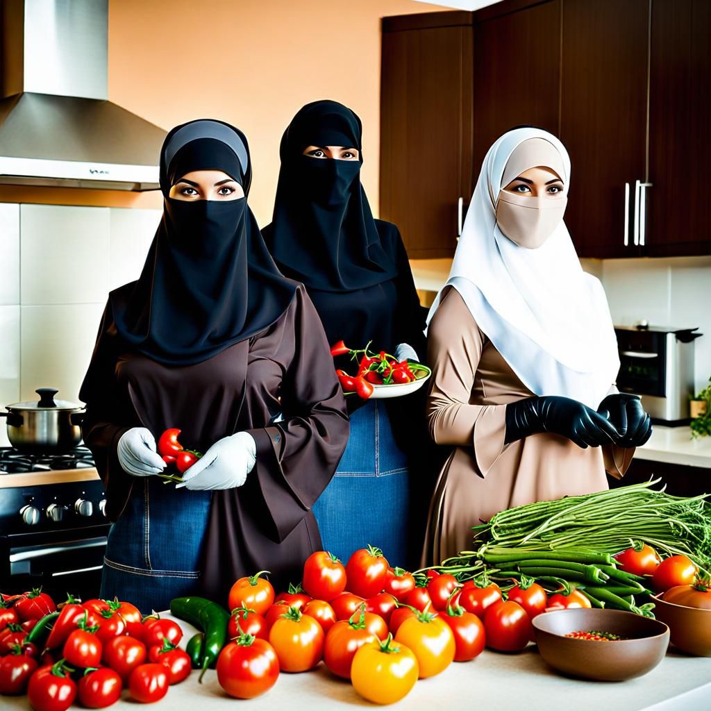 Watercolor Portrait of Two Niqabi Women Cooking