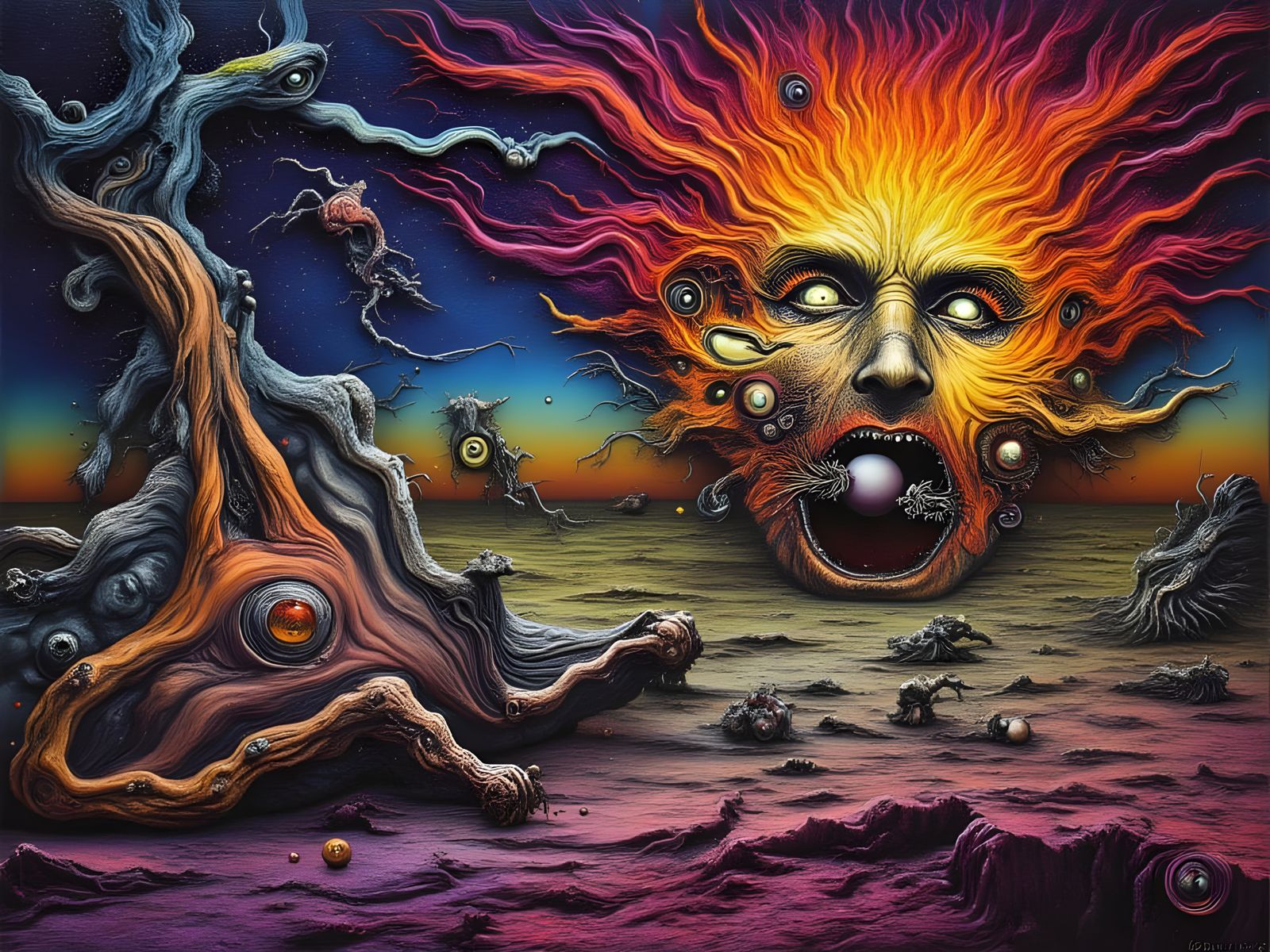 Man Mutation with Fiery Eyes and Fractal Face