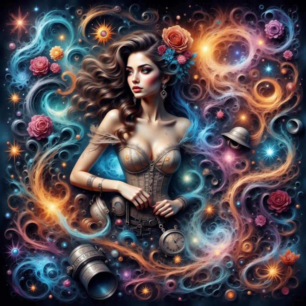 Galactic Woman in Ethereal Graffiti Landscape