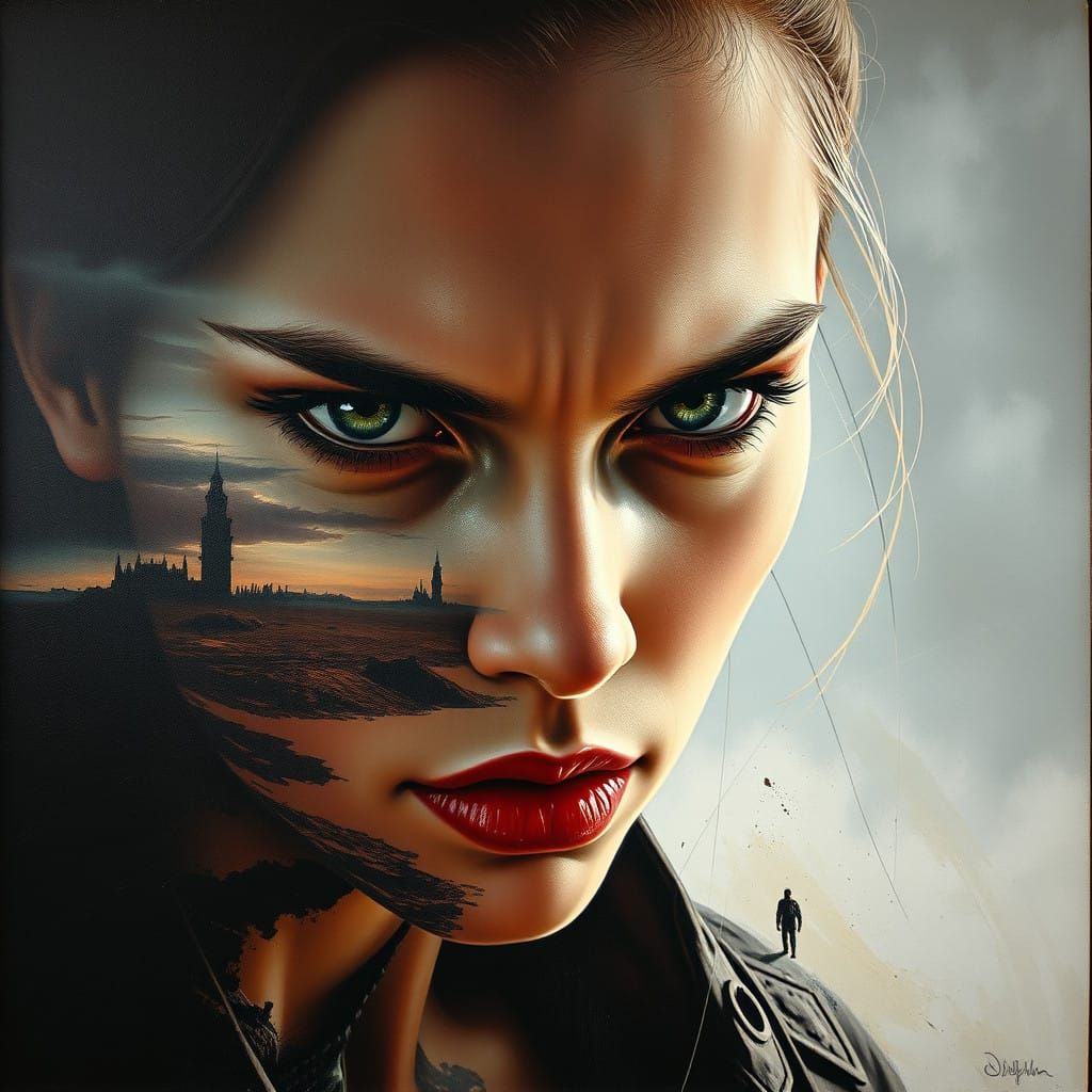 Highly detailed oil painting of a fierce girl with sharp fac...