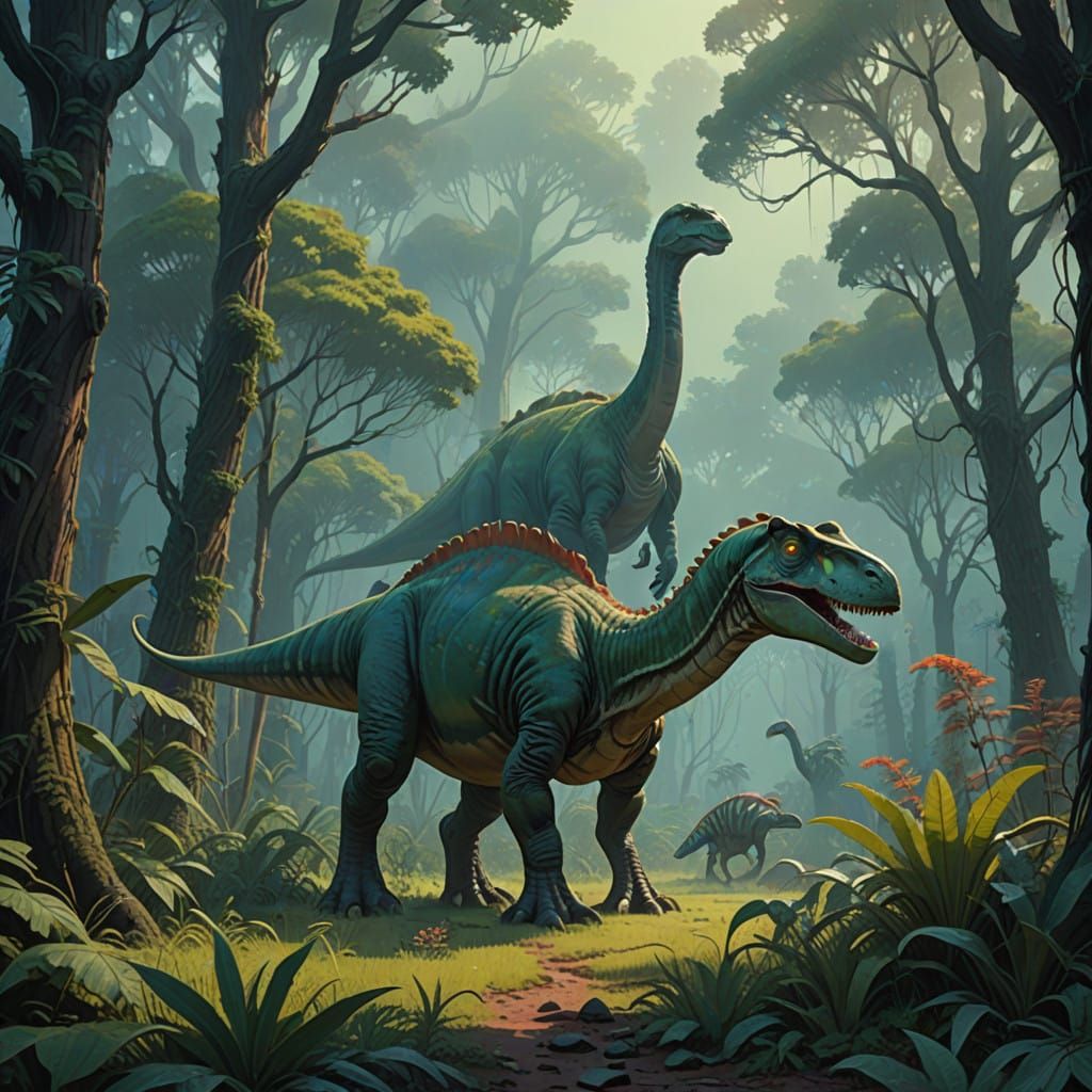 Surreal Alien Forest with Ancient Trees and Iridescent Flora