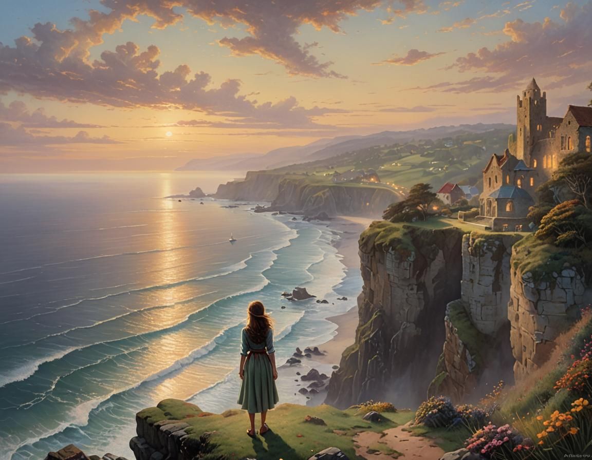 Ethereal Sunset: Girl on Cliff with Abbey Ruins