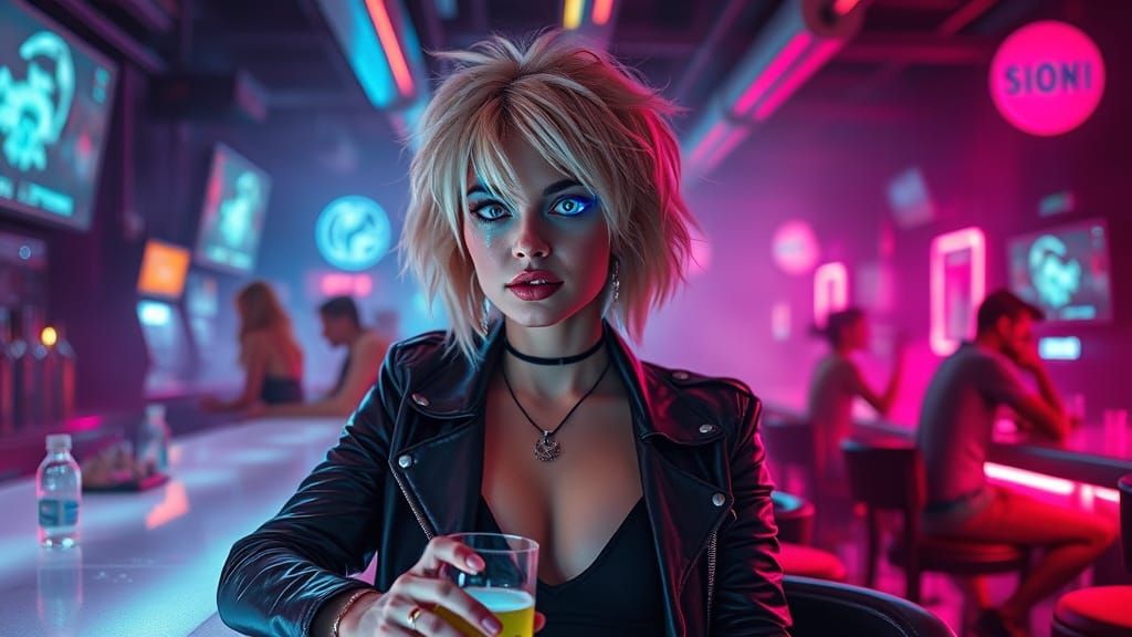 Cyberpunk Goddess in Neon Bar