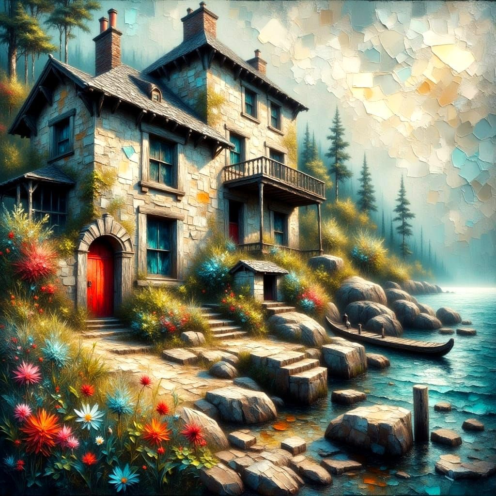 Ethereal Coastal Estate in Serene Blue Seascape with Weather...