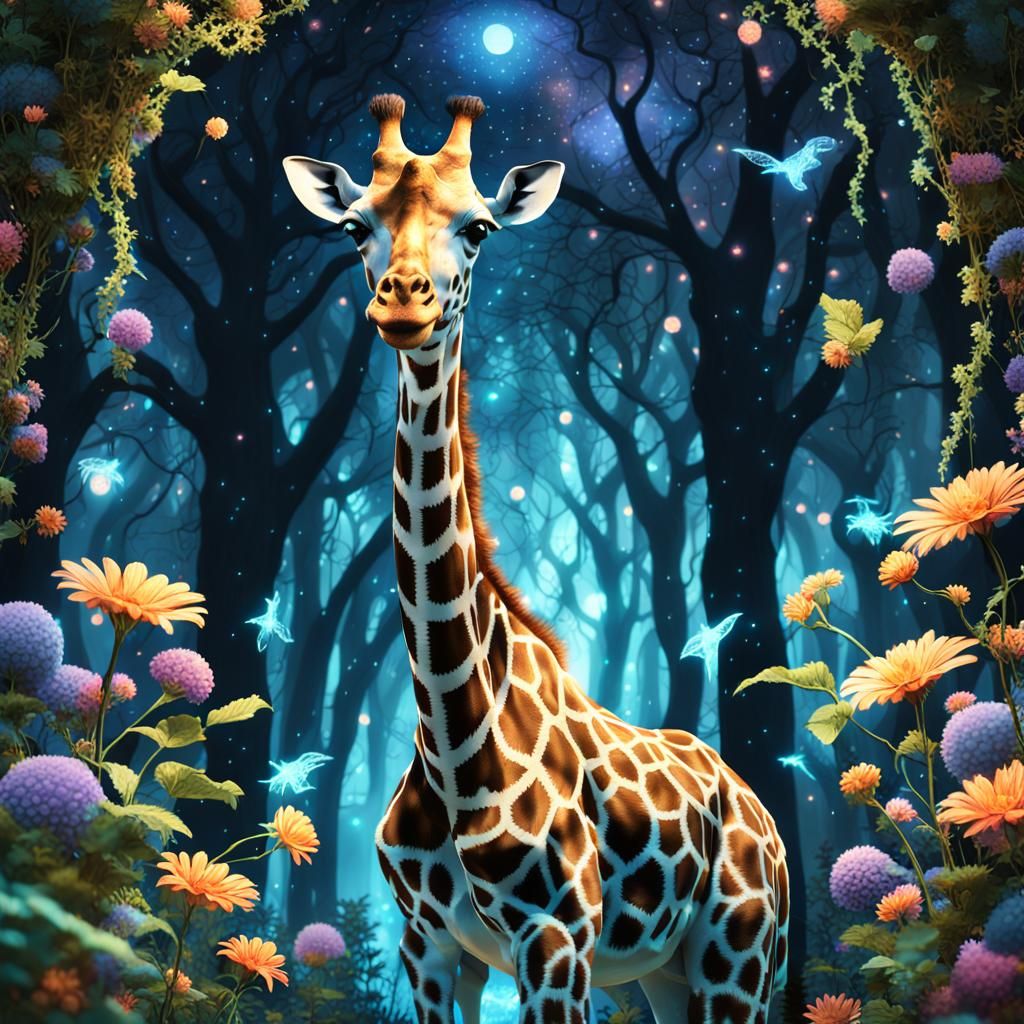 Bioluminescent Giraffe in Enchanted Forest, Fantasy Art