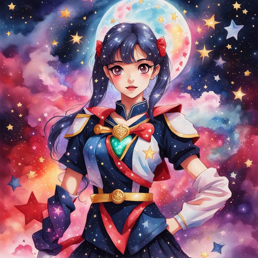 Magical Anime Girl in Galactic Watercolor Painting