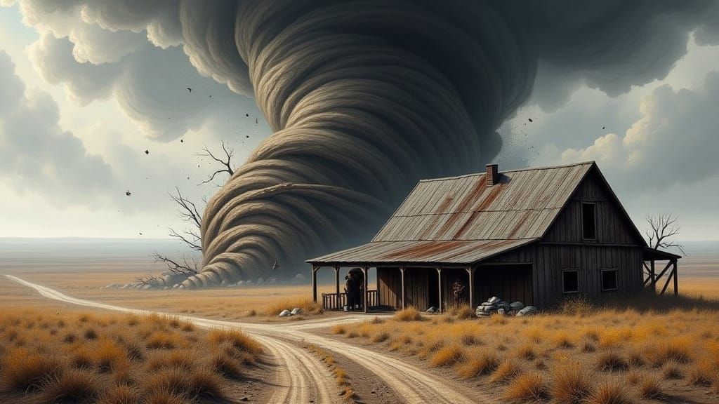 Dust Bowl Tornado Devastates Farm in Muted Colors