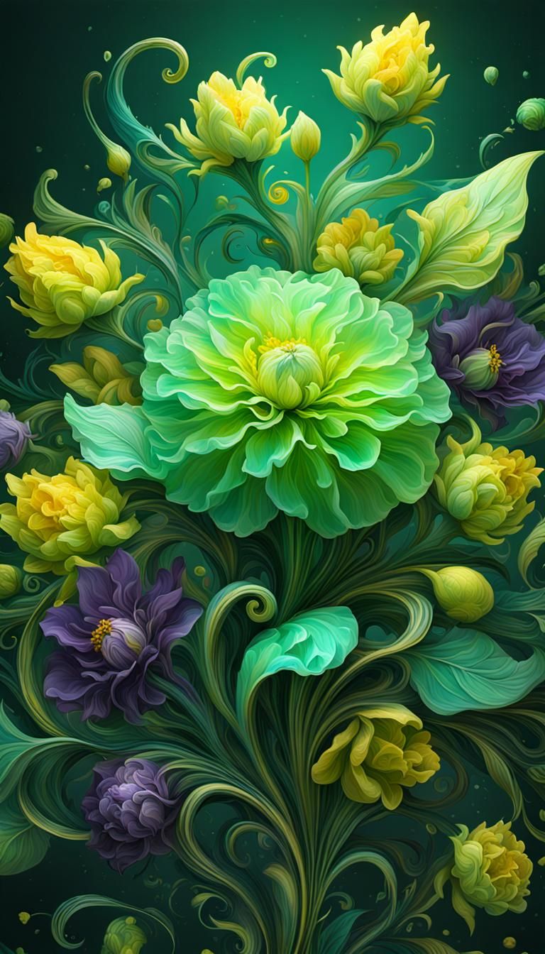 Flamboyant Green Floral Abstract Art, 8K