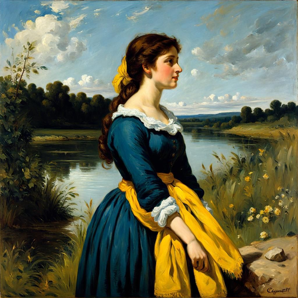 Woman in Blue Dress, Realist Oil Painting