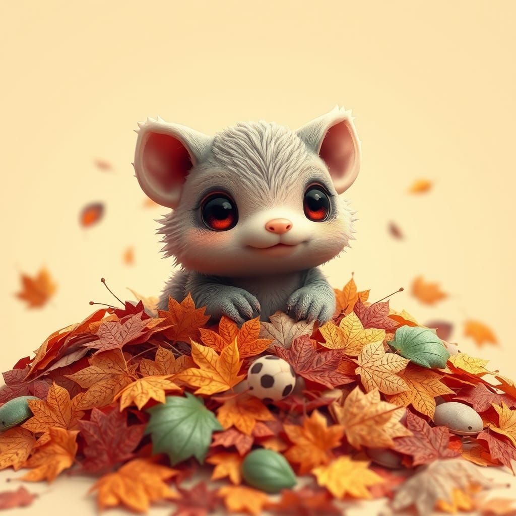 Whimsical Beast in Autumn Leaves, Hyper-Surreal 3D Art