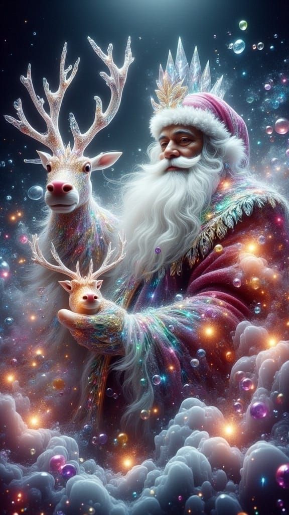 <lora:Dreamy Enchantment:1.0> Iridescent plasma fractal Santa Claus and his reindeer sleigh, fairytale style bubbles spl...