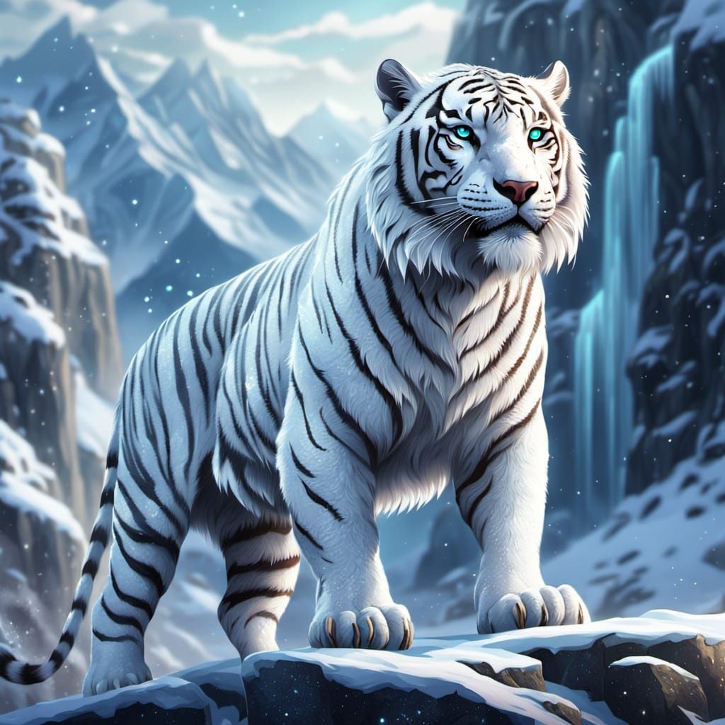 Majestic White Tiger-Dragon Hybrid in Snowy Mountains