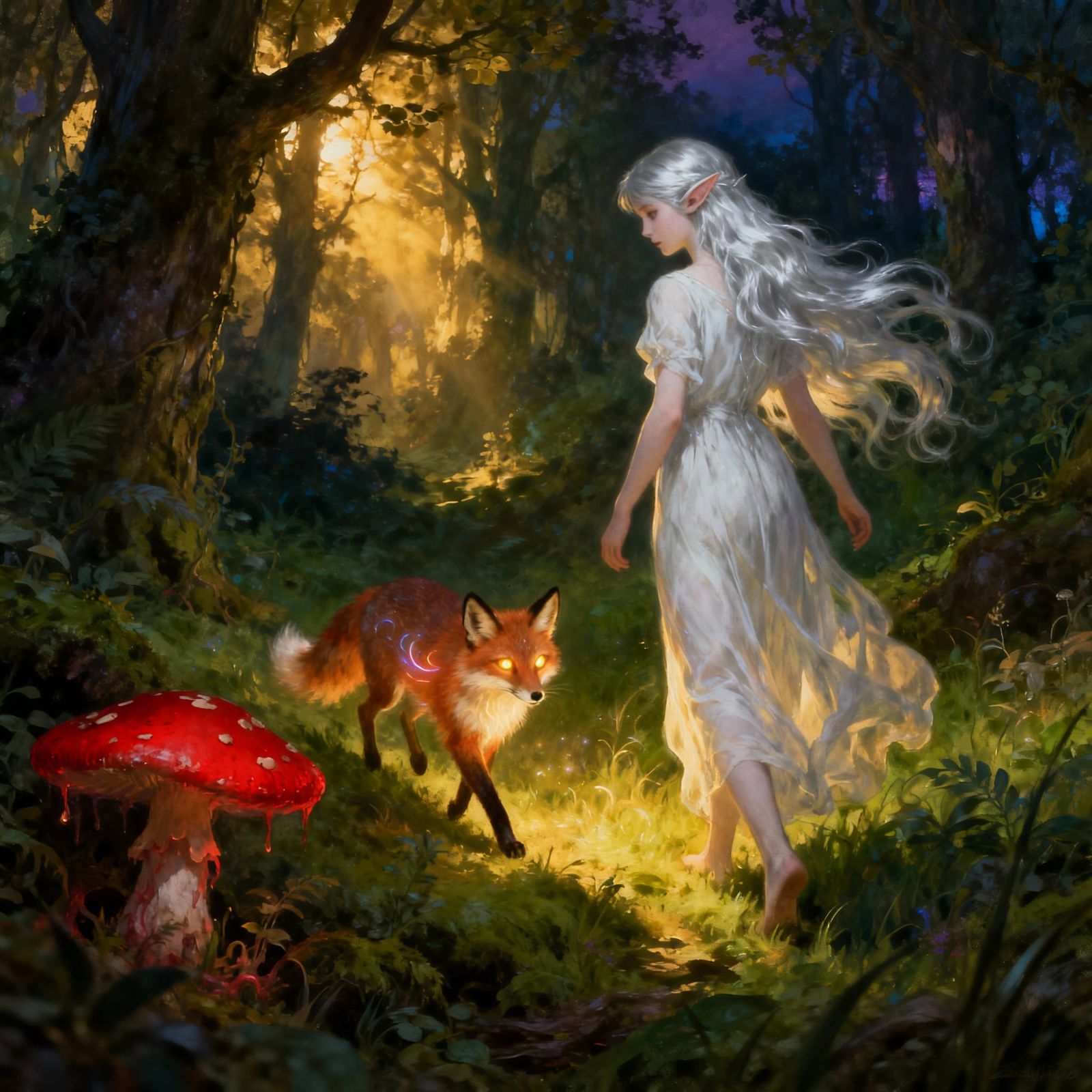 Ethereal Elf Girl in Enchanted Forest with Fey Fox