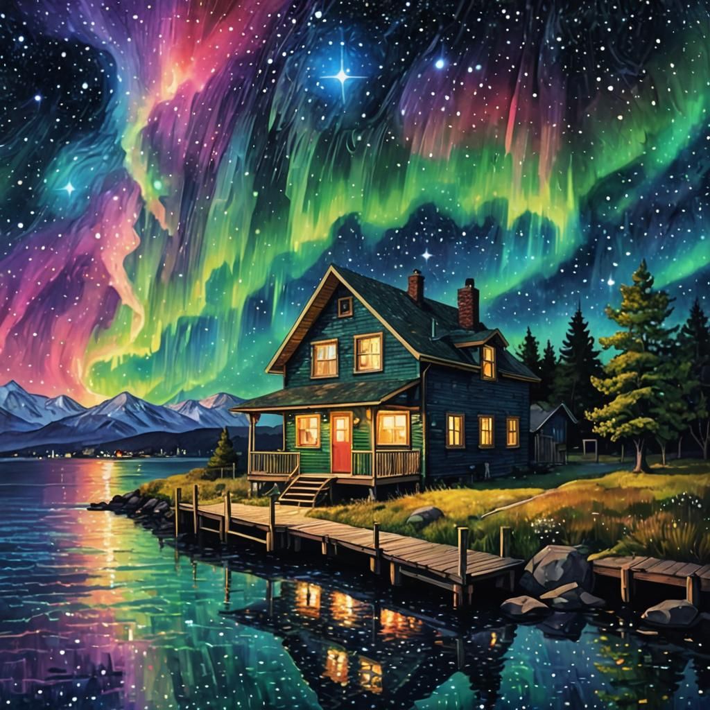Pointillist Galaxy Aurora Over Pier House