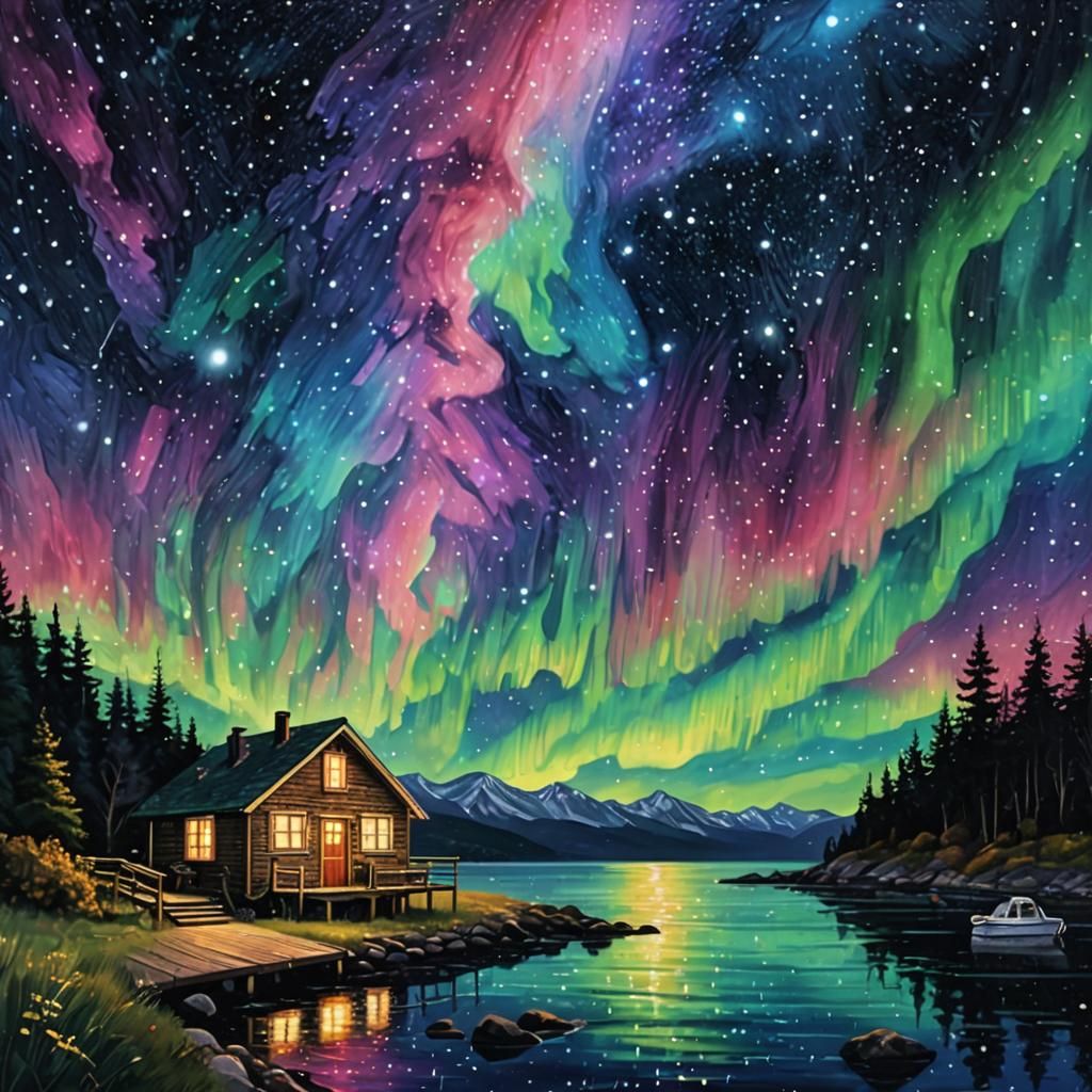 Pointillist Galaxy Aurora Over Pier at Night