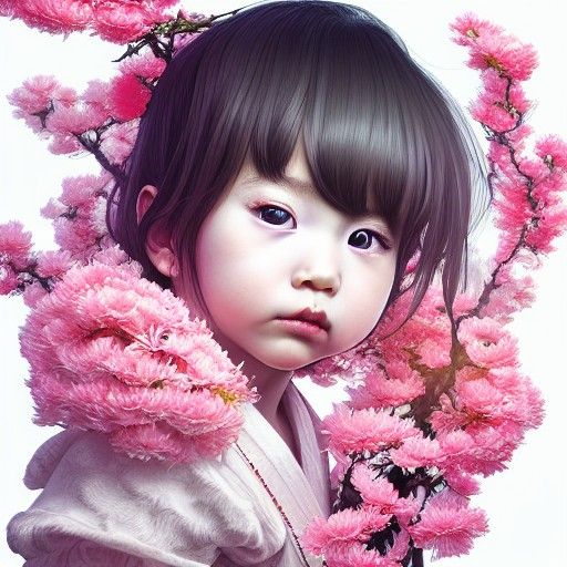 the portrait of an absurdly cute, graceful, elegant, young japanese baby girl made of cherry flowers and petals, an ultr...