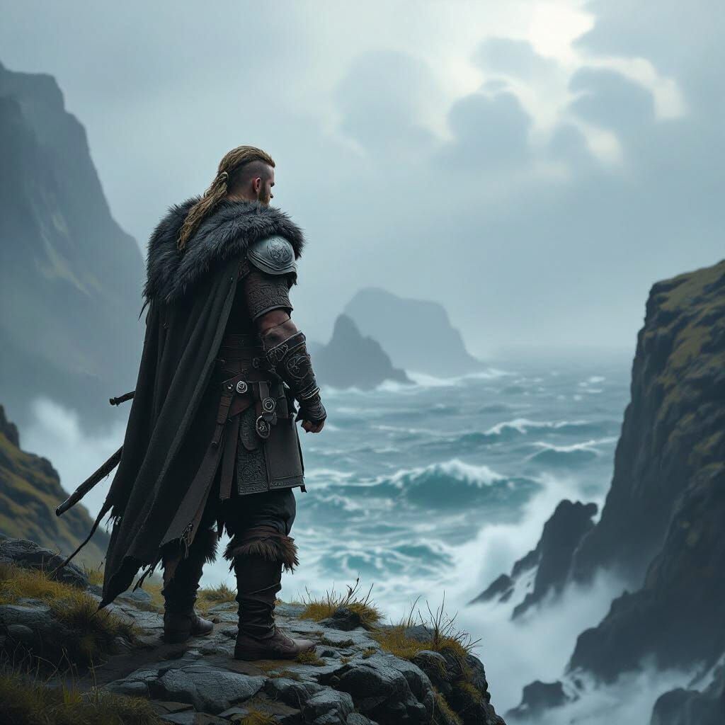 Viking Warrior on Cliff Overlooking Stormy Sea