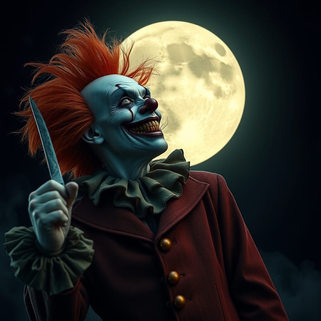 Menacing Clown with Knife Gazing at Moon