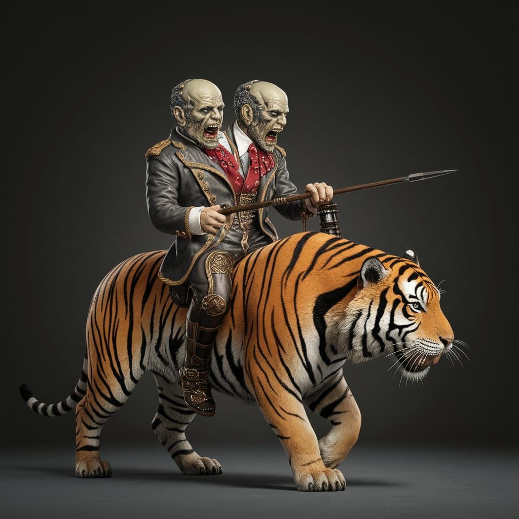 Four-Headed Tiger Rider in Dark Circus Horror
