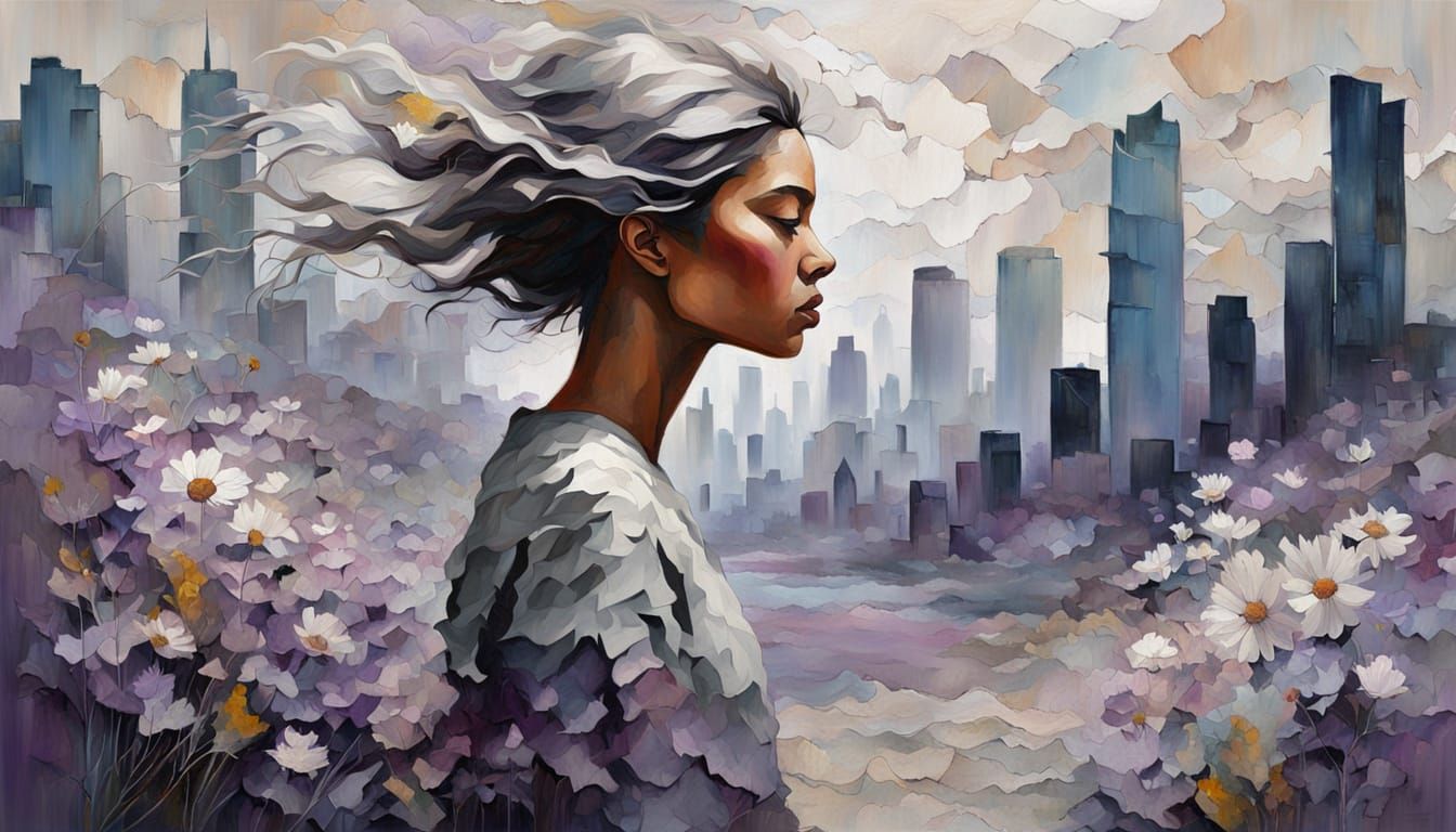 Woman with Windblown Hair in Fragmented Cityscape