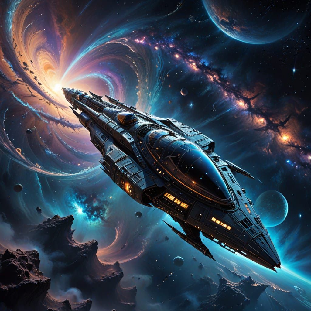 Surreal Spacecraft Navigates Iridescent Cosmic Vortex in a P...