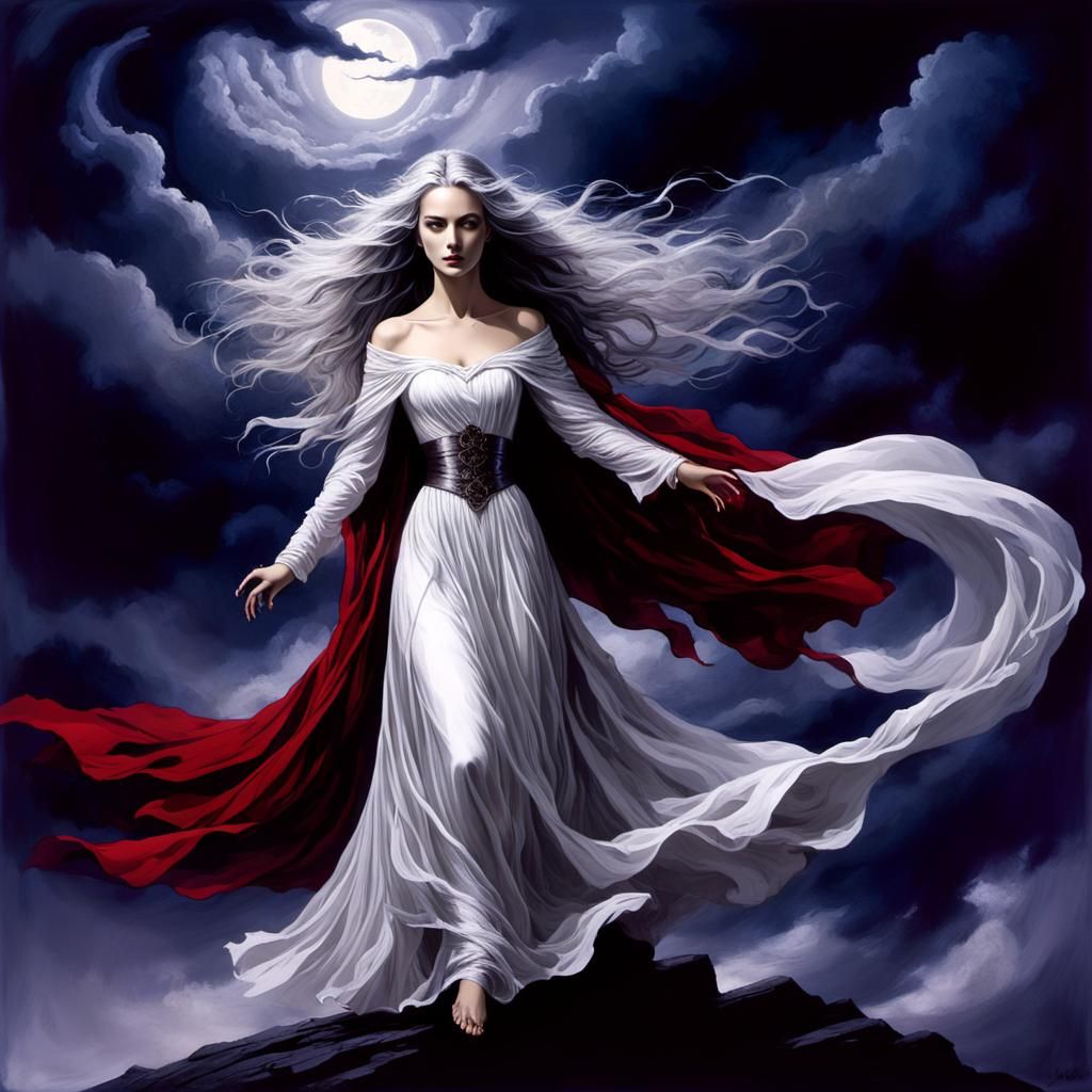 Ethereal Ghost Woman in Dark Fantasy Landscape