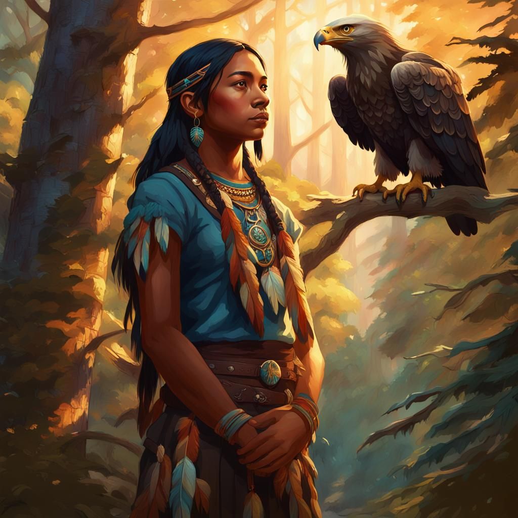 Native American Girl with Eagle in Impressionistic Forest