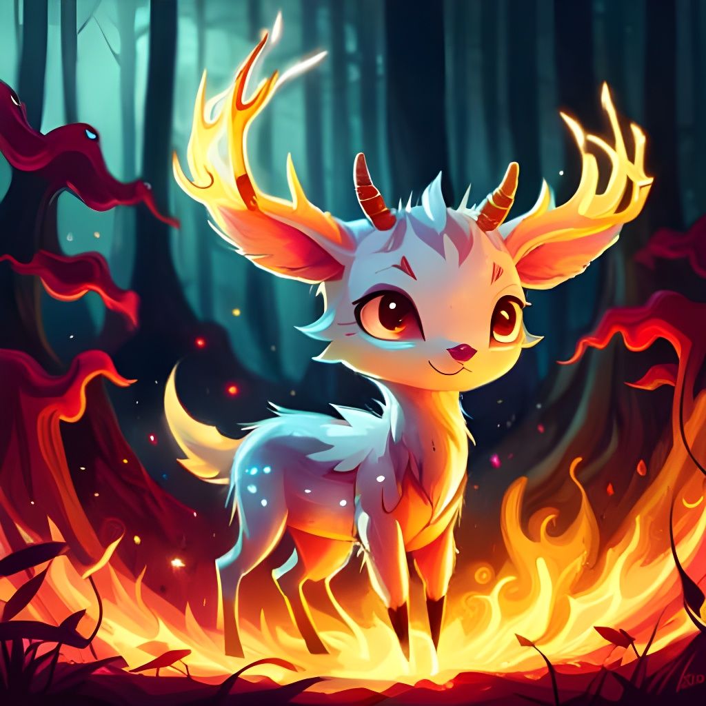 Fiery Baby Antelope in Spooky Forest Illustration