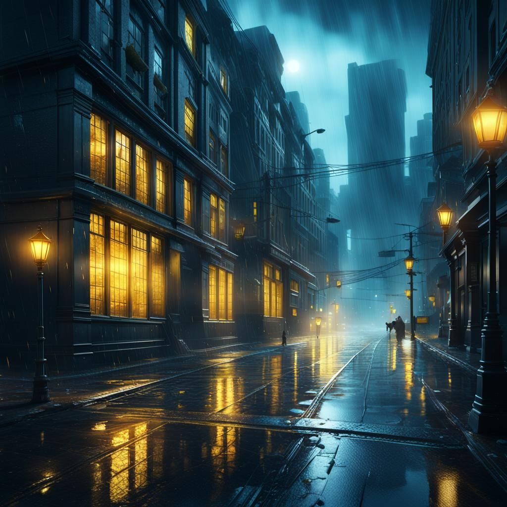 Rainy Cityscape with Glowing Windows: Fantasy Concept Art