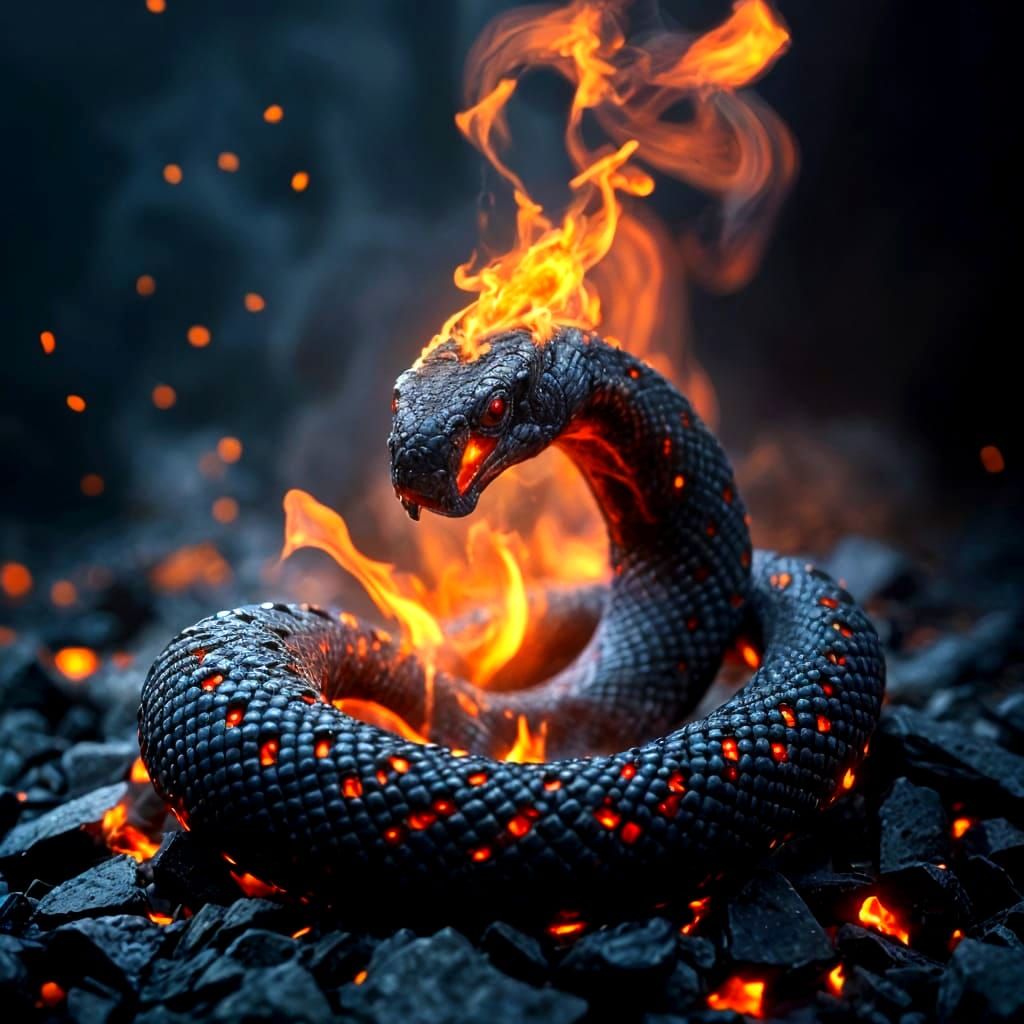 Realistic Coal Snake in Flames Imagined in High-Resolution D...