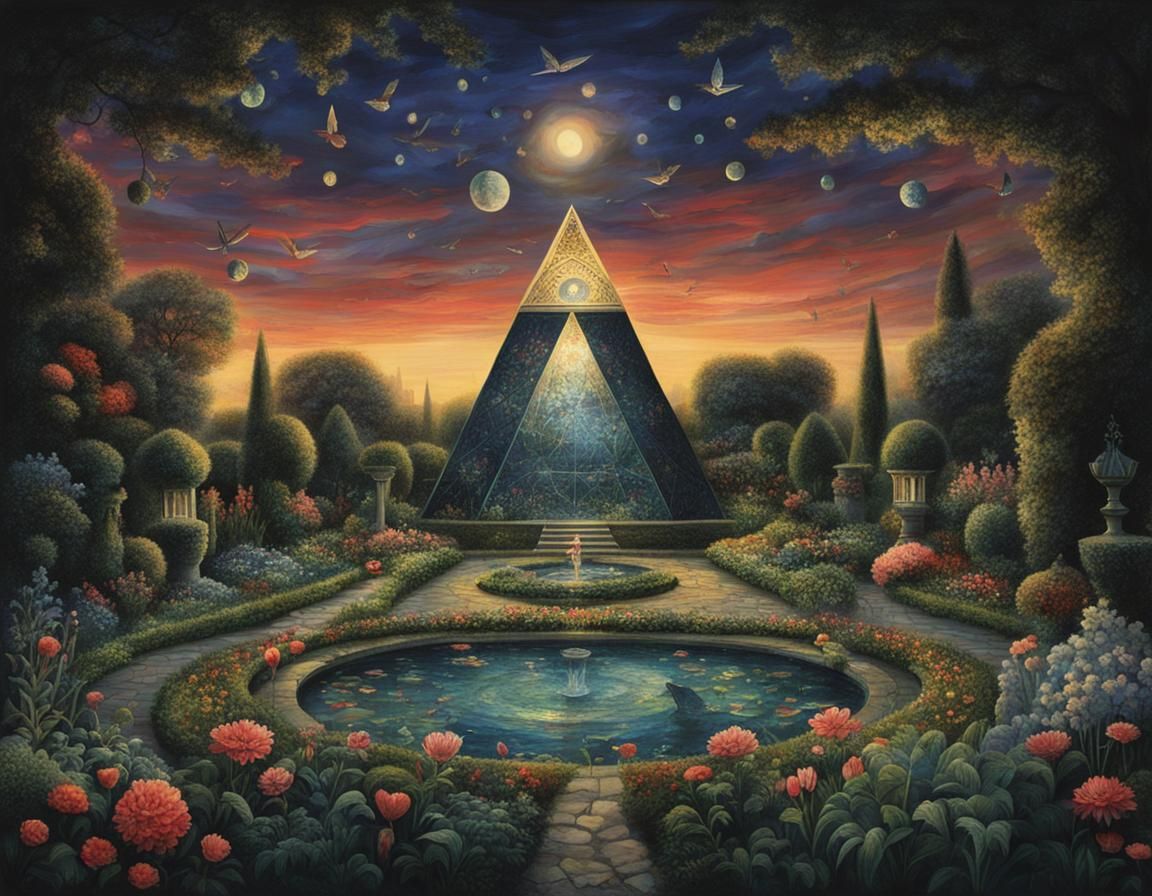 Mystical Illuminati Garden Scene Unfolds Under Starry Evenin...