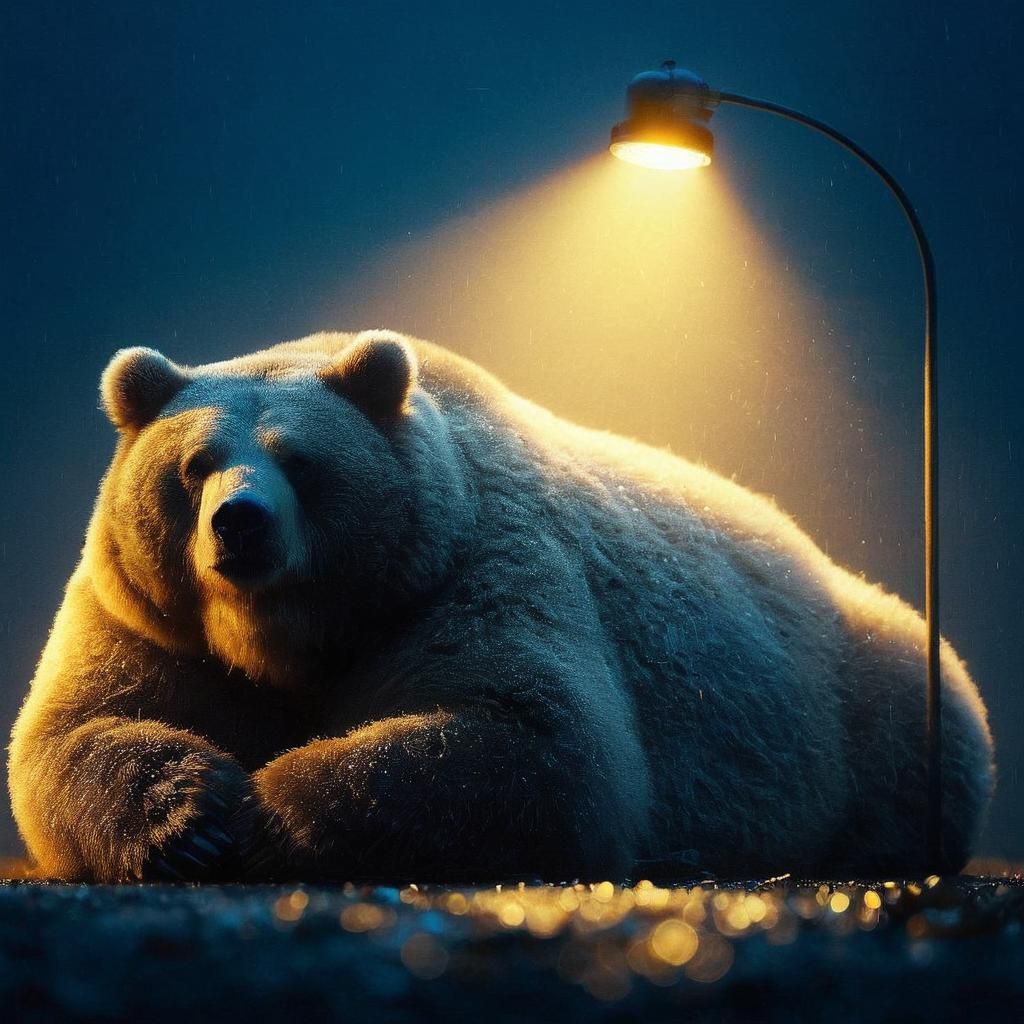 Obese Kodiak Bear Relaxing Under Street Light