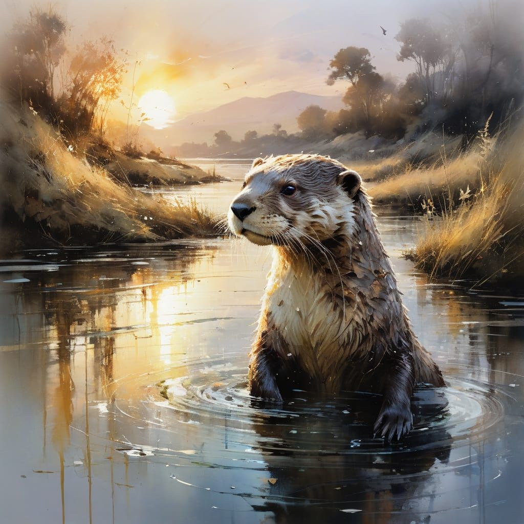 Otter in Sunset Summerscape, Watercolour Painting