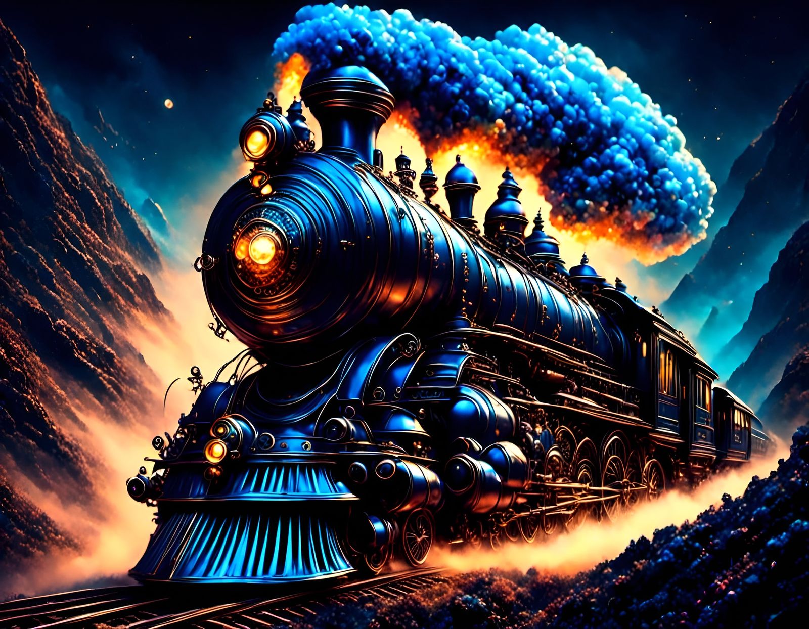 Steampunk Train Flies Through Dreamscape with Embossed Ornam...
