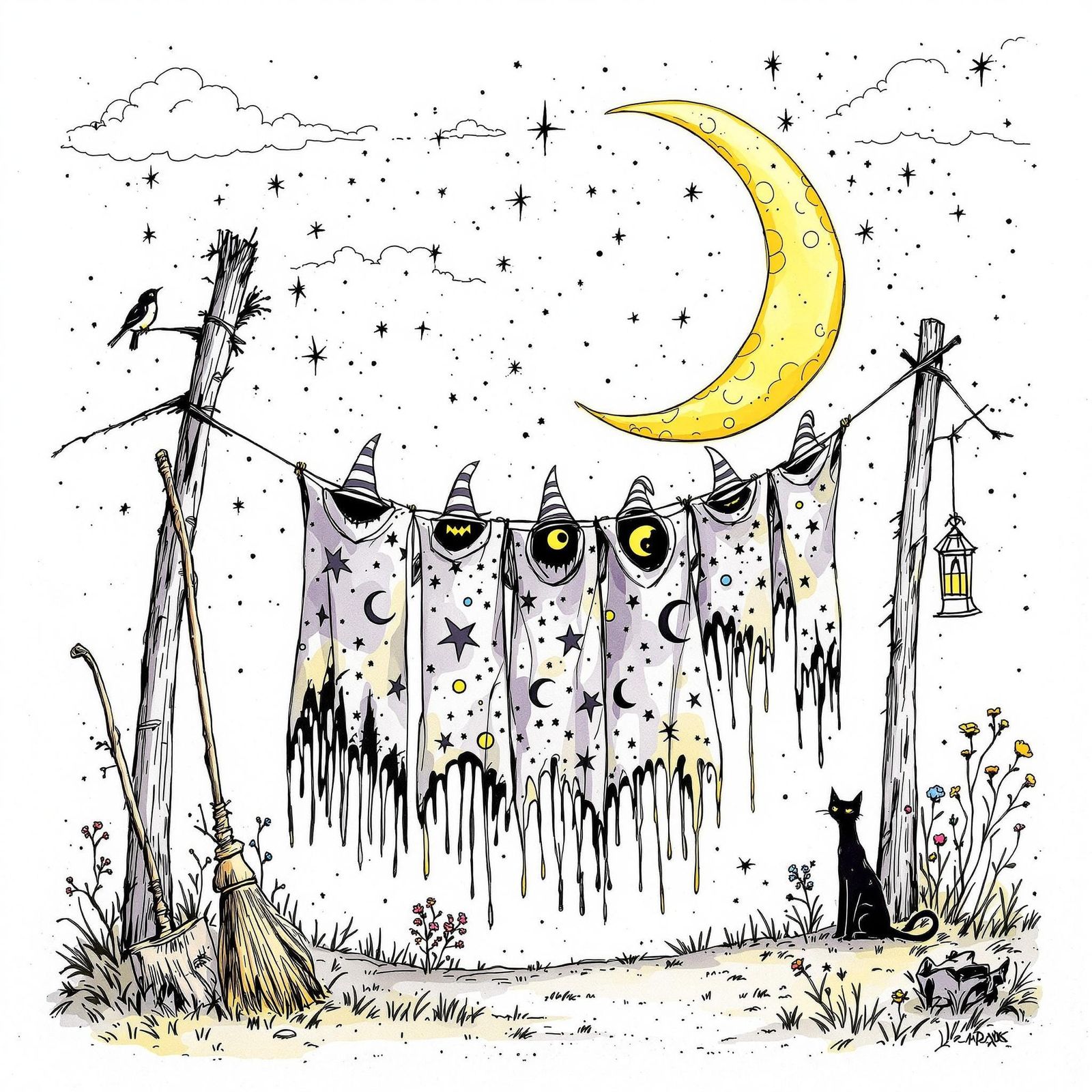 Magical Witch Hats and Cloaks in Watercolor Sketch