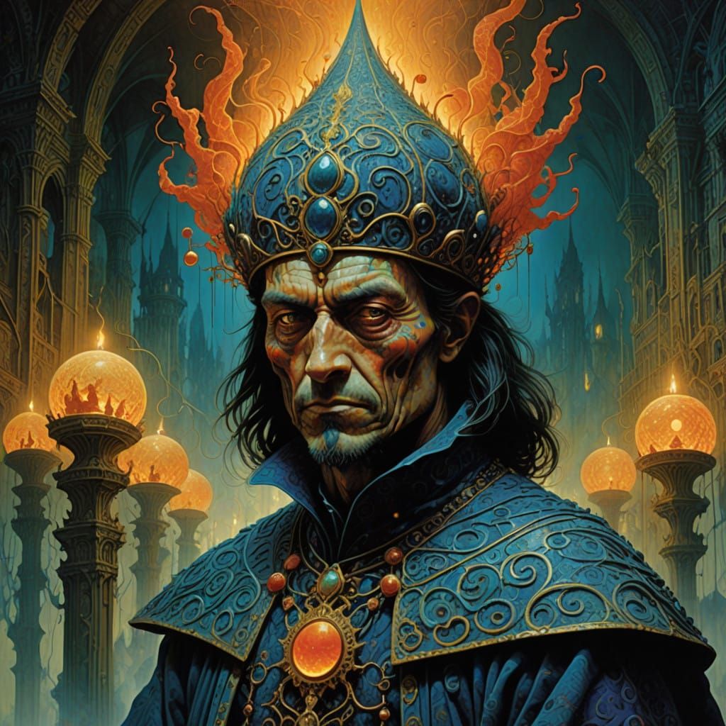 Mystifying Jester Weaves Realms in Vibrant, Gemstone-Encrust...