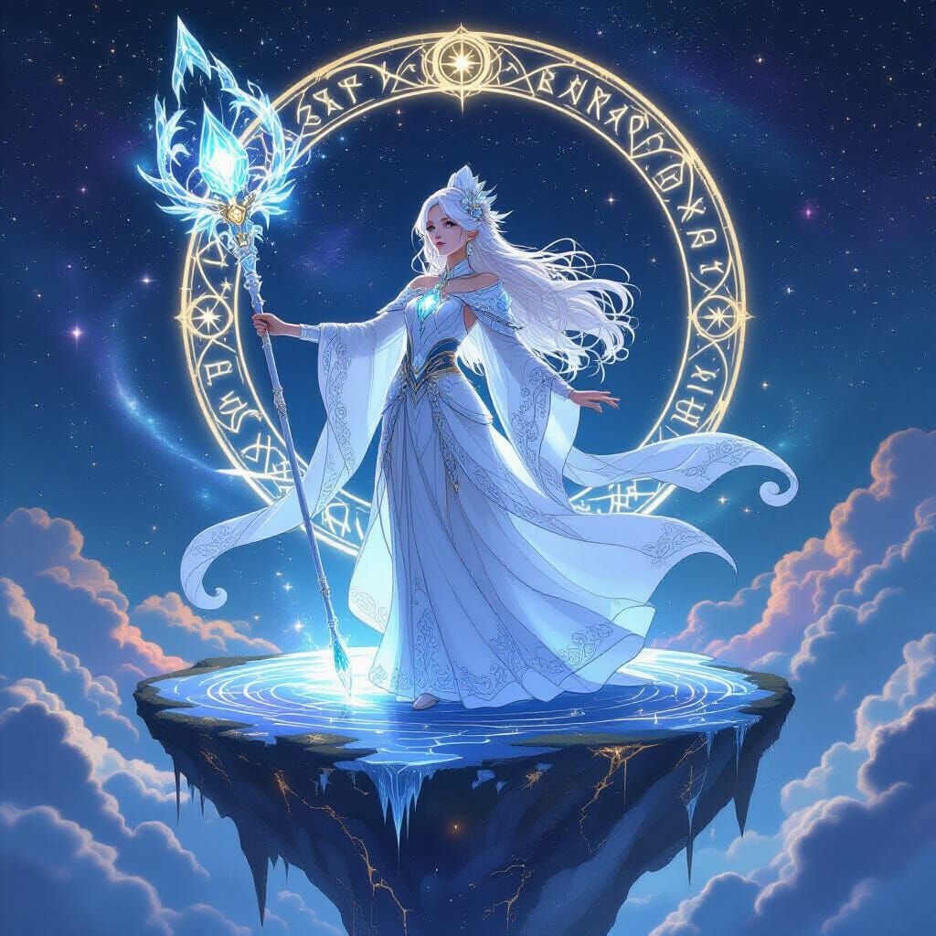 Celestial Ice Magician in Art Nouveau Galaxy Scene