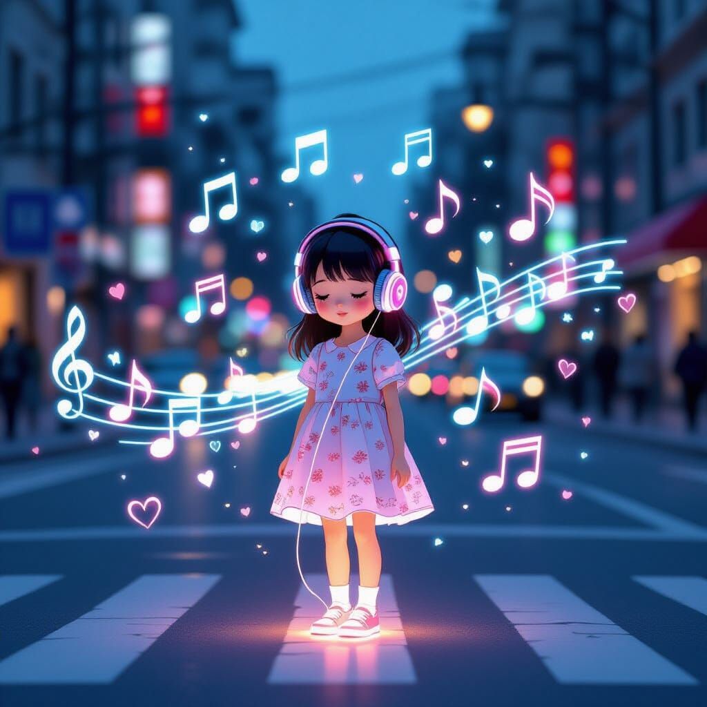 Neon Girl at Intersection in Murakami-Inspired Pop Art