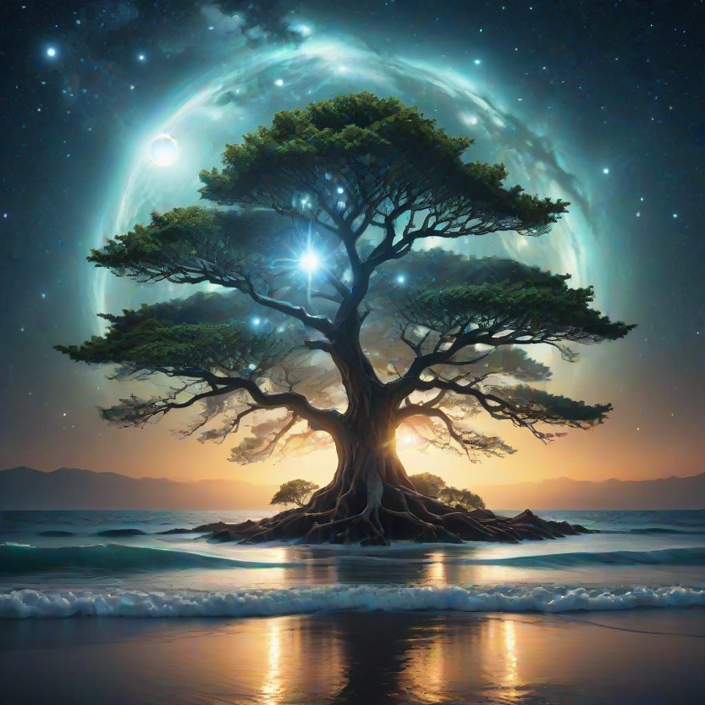 Surreal Tree of Light Ascends into Cosmic Galaxies